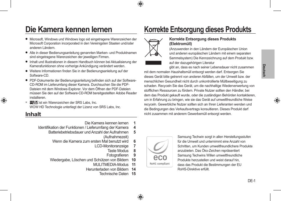 Die kamera kennen lernen, Korrekte entsorgung dieses produkts, Inhalt | Samsung i8 User Manual | Page 21 / 112
