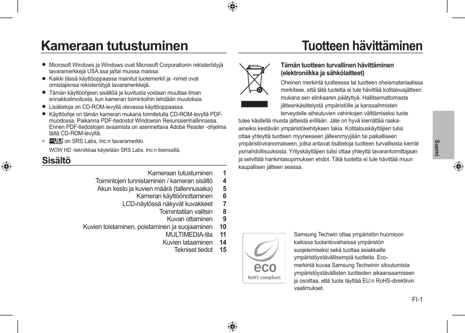 Kameraan tutustuminen, Tuotteen hävittäminen, Sisältö | Samsung i8 User Manual | Page 39 / 112