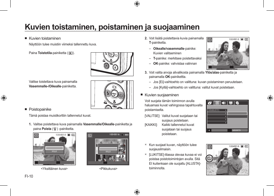 Kuvien toistaminen, poistaminen ja suojaaminen, Fi-10, Kuvien suojaaminen | Kuvien toistaminen, Poistopainike | Samsung i8 User Manual | Page 48 / 112