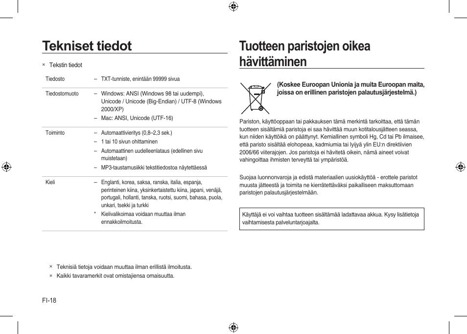 Tekniset tiedot, Tuotteen paristojen oikea hävittäminen | Samsung i8 User Manual | Page 56 / 112