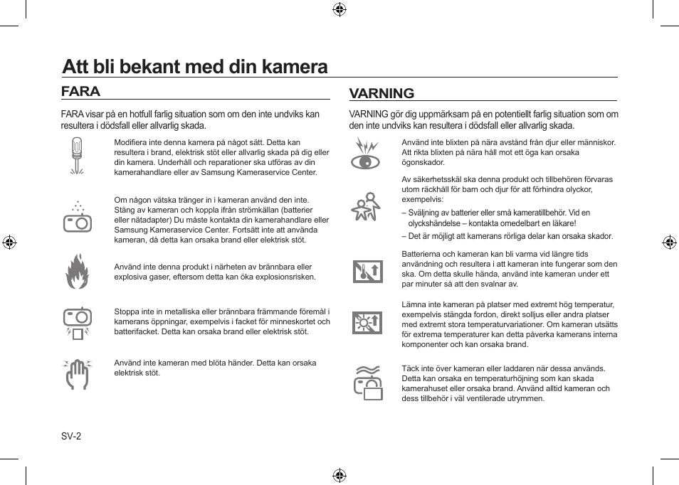 Att bli bekant med din kamera, Fara, Varning | Samsung i8 User Manual | Page 58 / 112