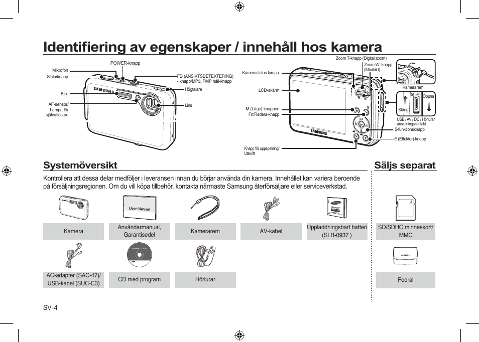 Identiﬁering av egenskaper / innehåll hos kamera, Systemöversikt, Säljs separat | Samsung i8 User Manual | Page 60 / 112