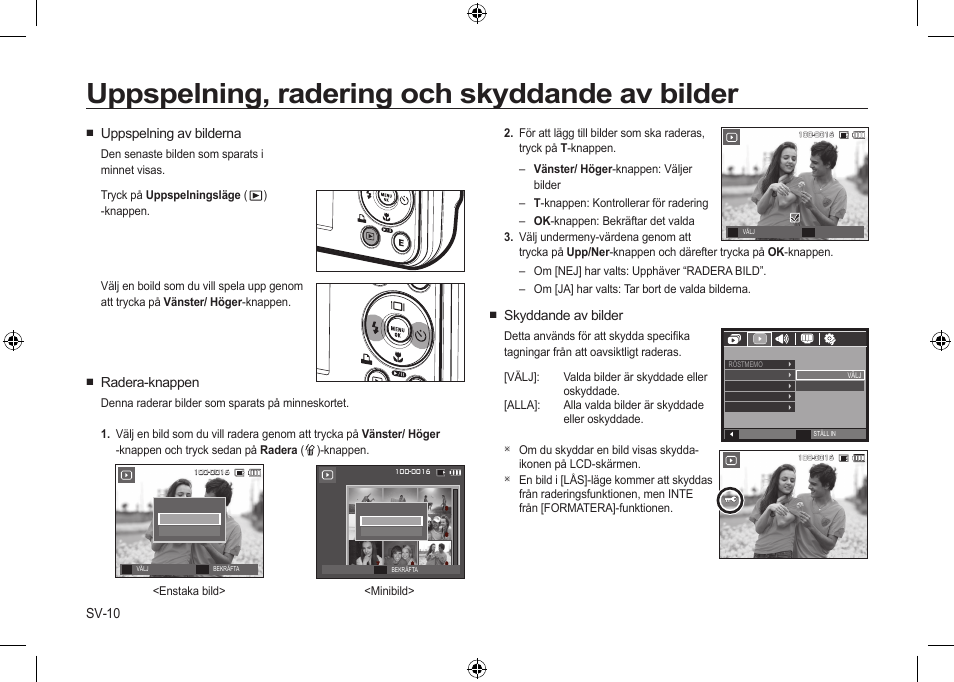 Uppspelning, radering och skyddande av bilder, Sv-10, Skyddande av bilder | Uppspelning av bilderna, Radera-knappen | Samsung i8 User Manual | Page 66 / 112