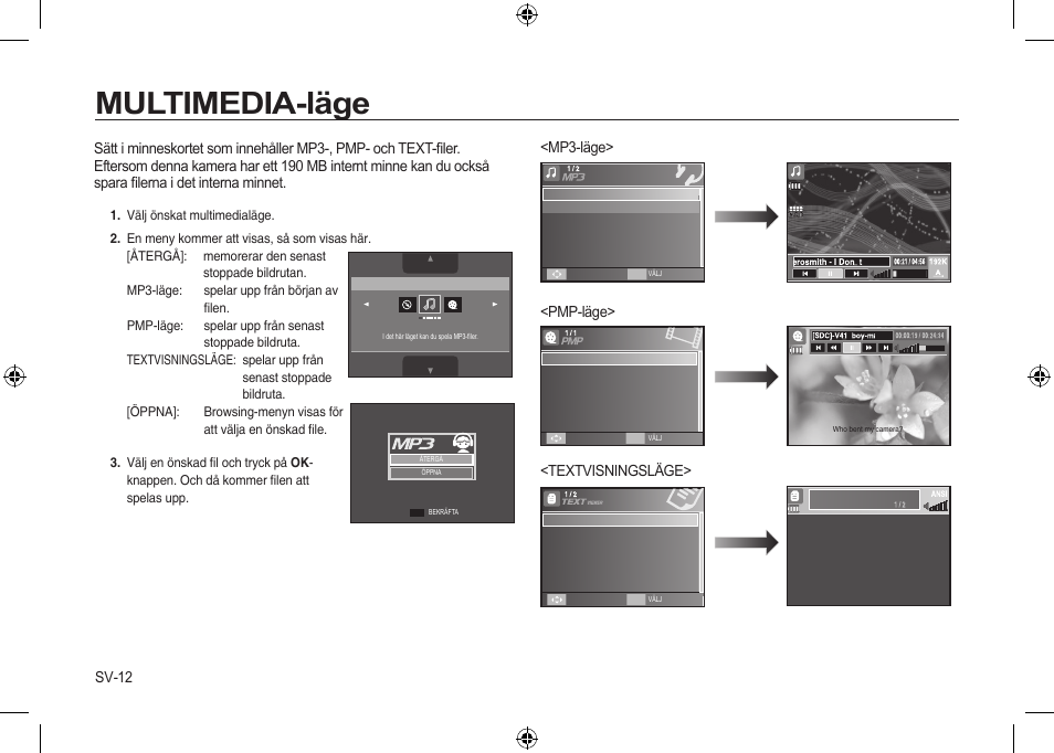 Multimedia-läge, Sv-12, Mp3-läge> <pmp-läge> <textvisningsläge | Samsung i8 User Manual | Page 68 / 112