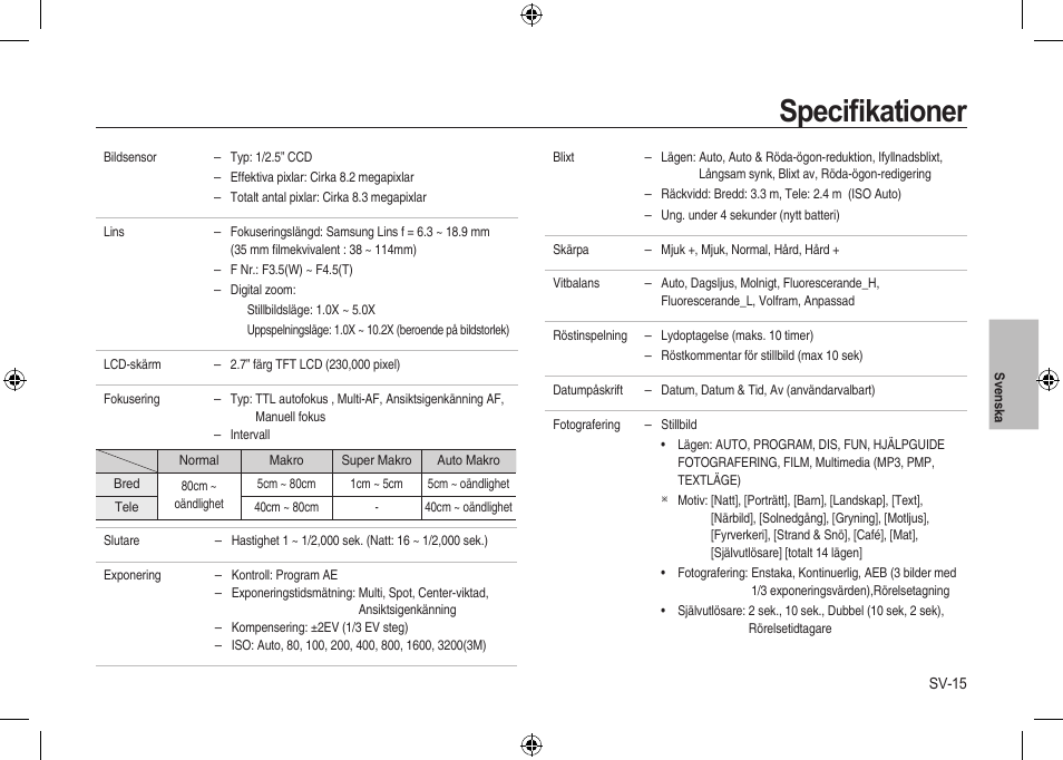 Speciﬁkationer | Samsung i8 User Manual | Page 71 / 112