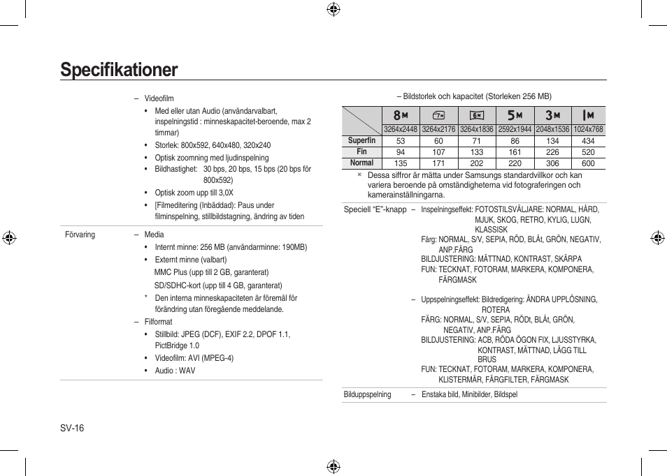 Speciﬁkationer | Samsung i8 User Manual | Page 72 / 112