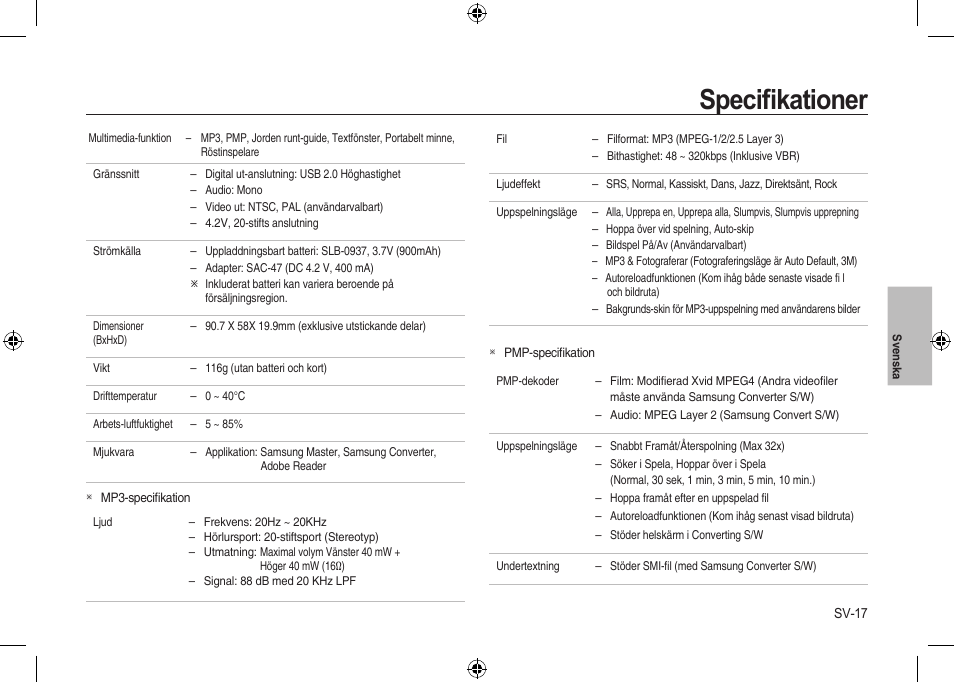 Speciﬁkationer | Samsung i8 User Manual | Page 73 / 112