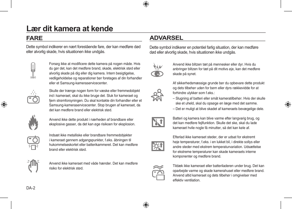 Lær dit kamera at kende, Fare advarsel | Samsung i8 User Manual | Page 76 / 112