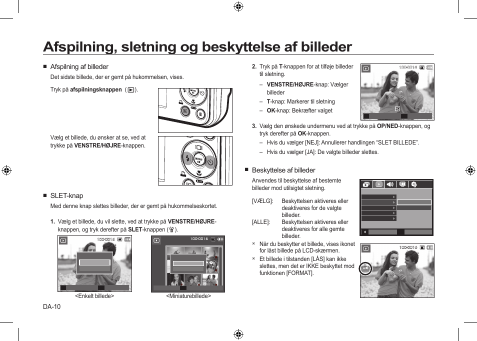 Afspilning, sletning og beskyttelse af billeder, Da-10, Beskyttelse af billeder | Afspilning af billeder, Slet-knap | Samsung i8 User Manual | Page 84 / 112