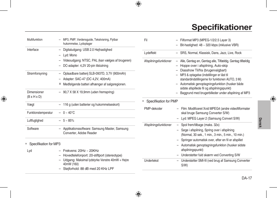 Speciﬁkationer | Samsung i8 User Manual | Page 91 / 112