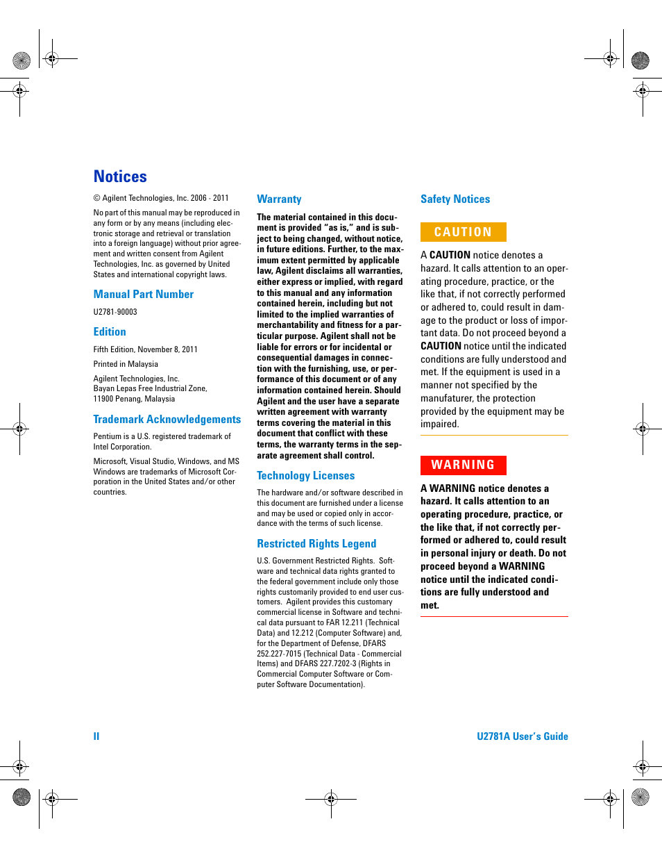 Notices | Agilent Technologies U2781A User Manual | Page 2 / 47