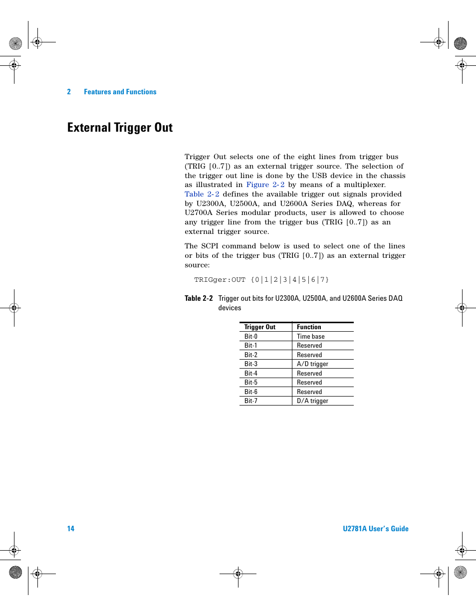 External trigger out, Table 2-2, Devices | Agilent Technologies U2781A User Manual | Page 26 / 47