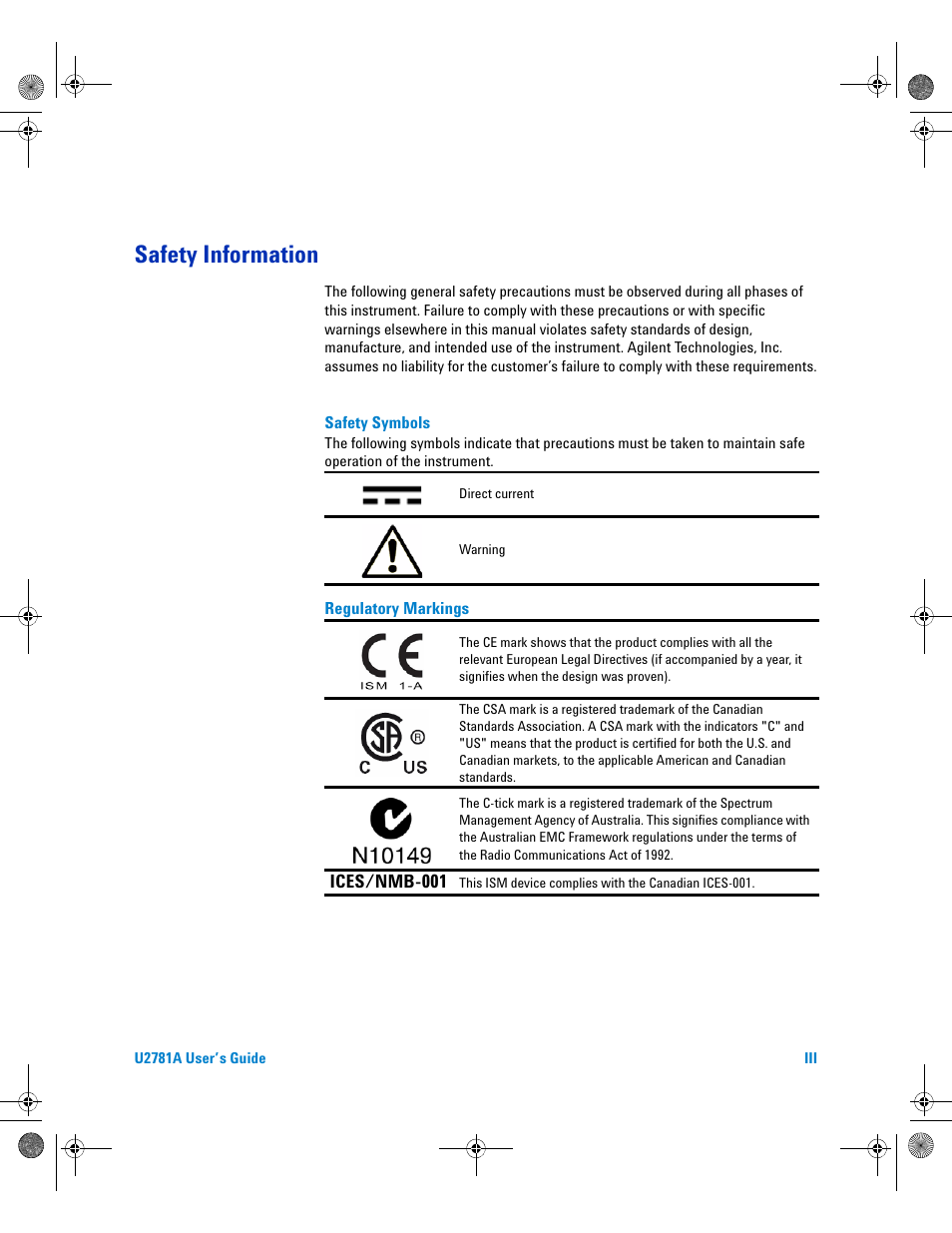 Safety information | Agilent Technologies U2781A User Manual | Page 3 / 47