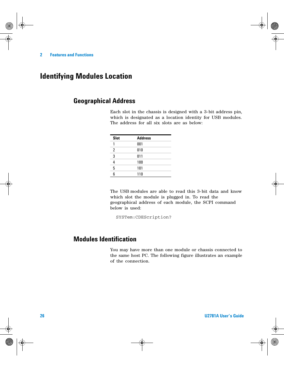 Identifying modules location, Geographical address, Modules identification | Agilent Technologies U2781A User Manual | Page 38 / 47