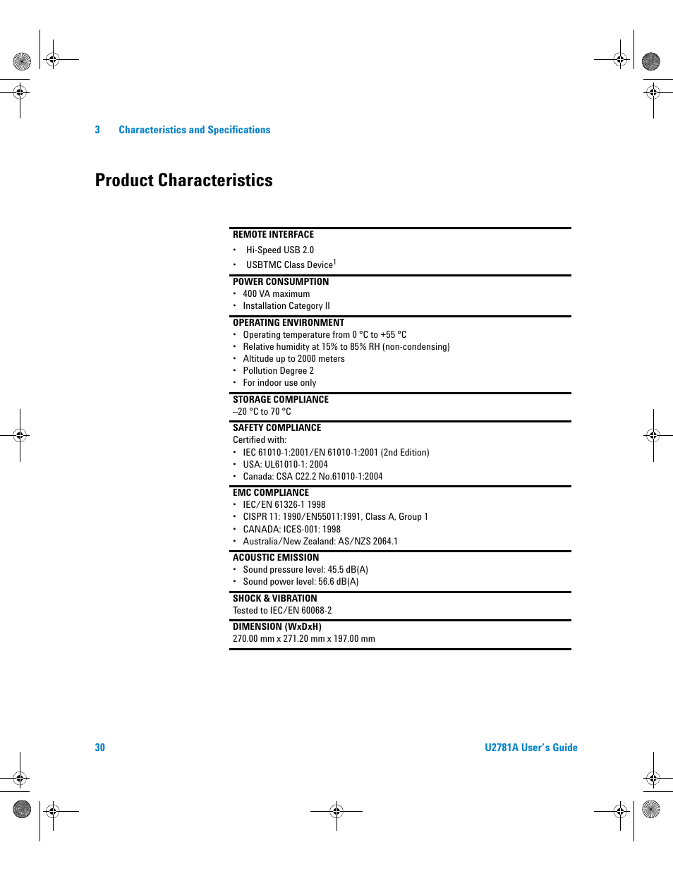 Product characteristics | Agilent Technologies U2781A User Manual | Page 42 / 47