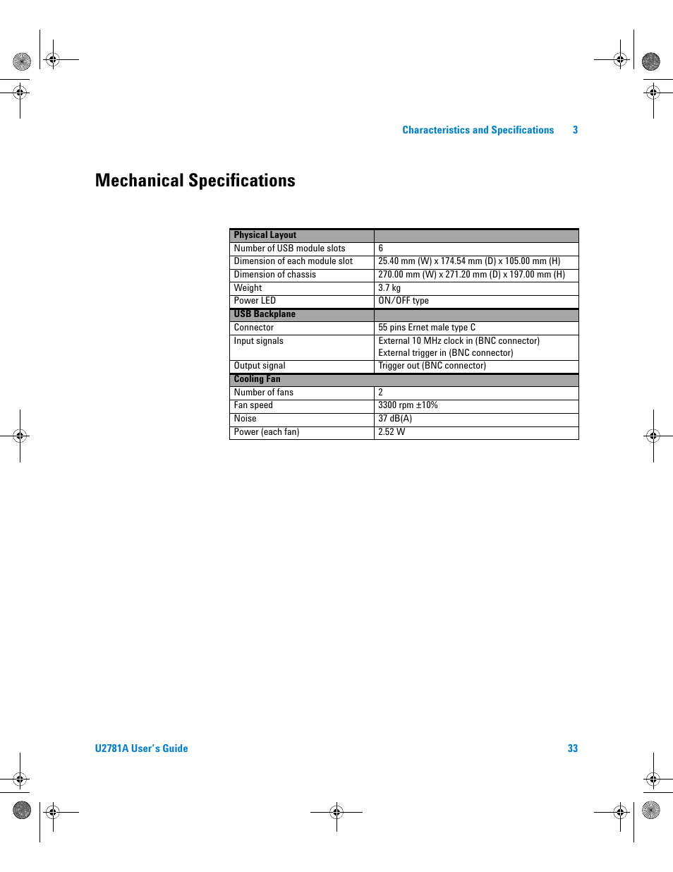 Mechanical specifications | Agilent Technologies U2781A User Manual | Page 45 / 47