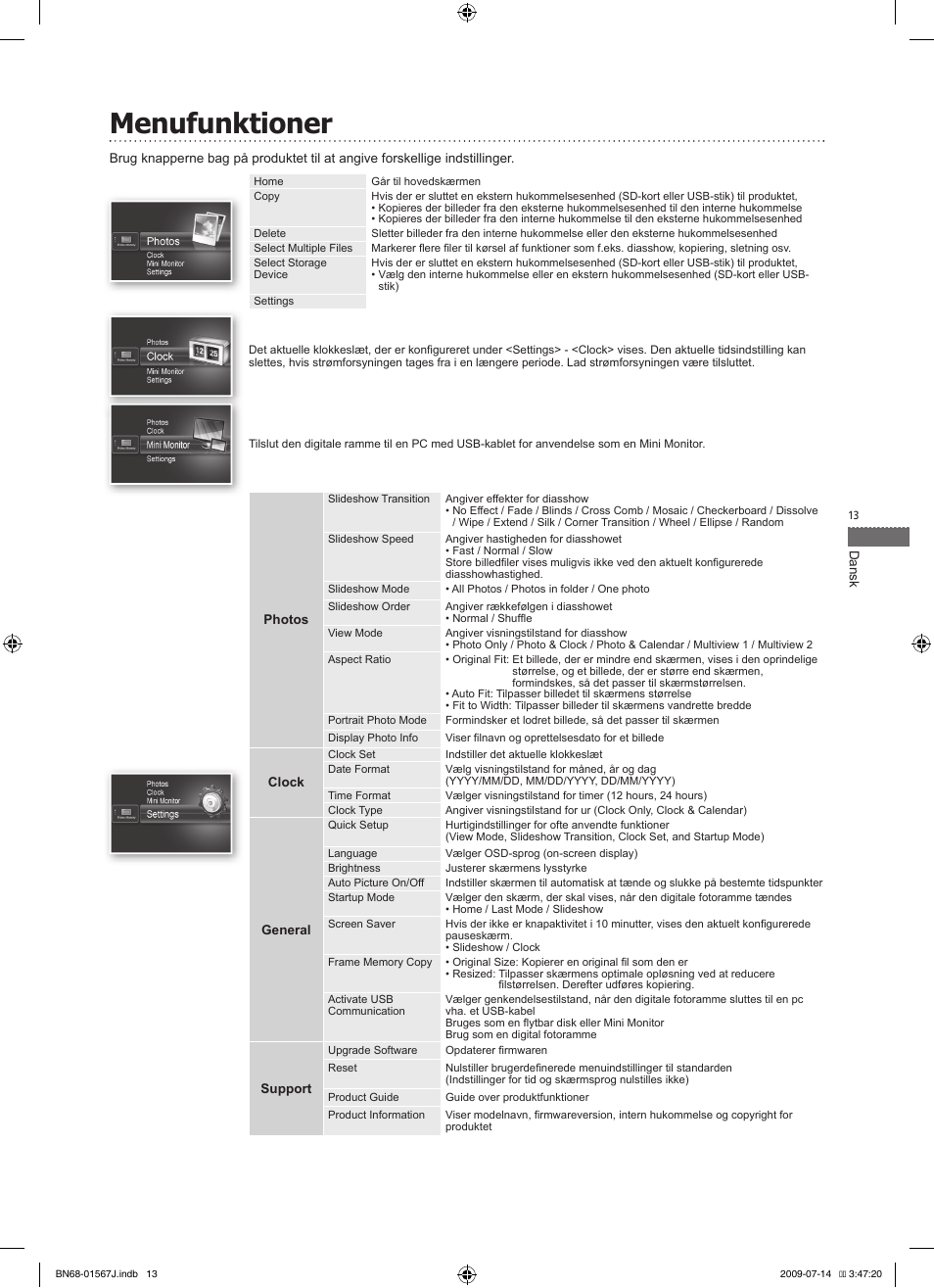 Menufunktioner | Samsung SPF-107H User Manual | Page 13 / 72