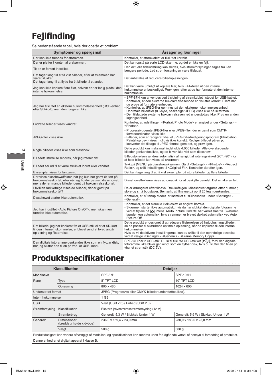 Fejlfinding, Produktspecifikationer | Samsung SPF-107H User Manual | Page 14 / 72