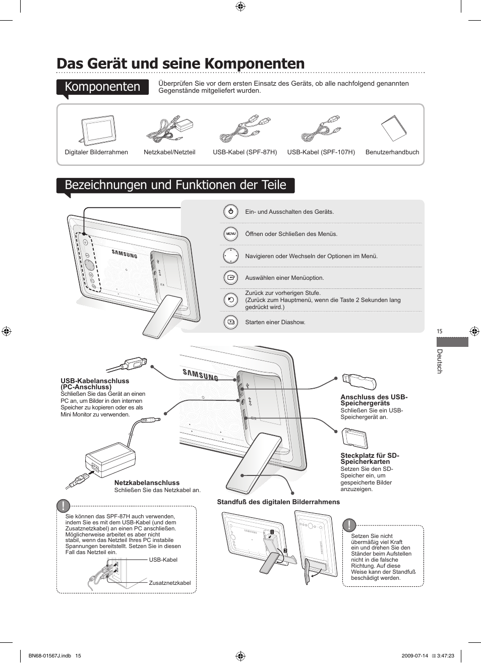 Deutsch, Das gerät und seine komponenten, Komponenten bezeichnungen und funktionen der teile | Samsung SPF-107H User Manual | Page 15 / 72