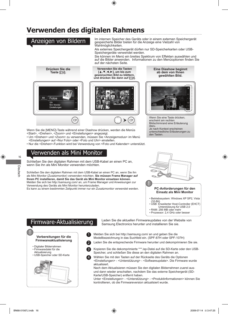 Verwenden des digitalen rahmens, Verwenden als mini monitor, Firmware-aktualisierung | Anzeigen von bildern | Samsung SPF-107H User Manual | Page 16 / 72