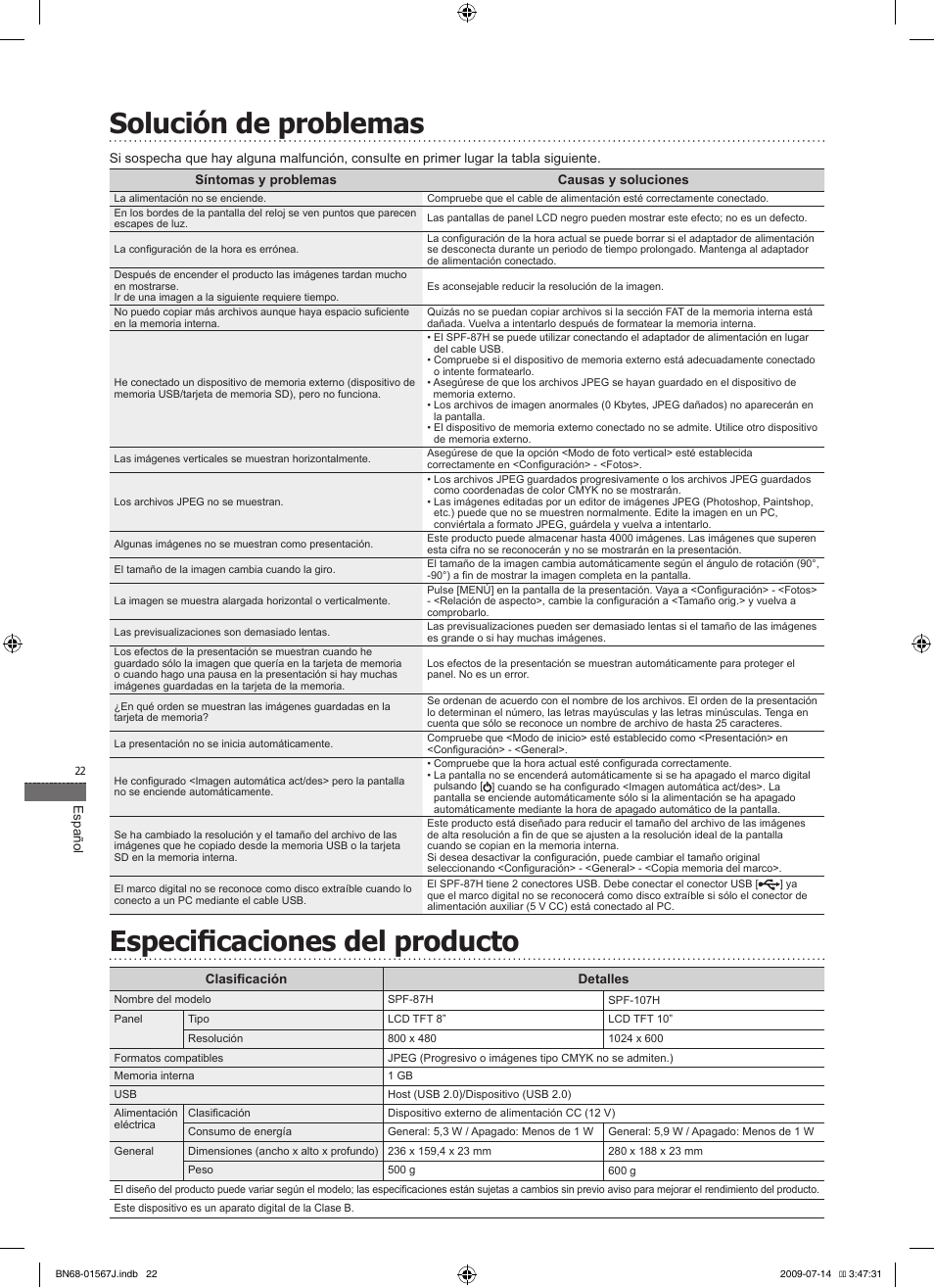 Solución de problemas, Especificaciones del producto | Samsung SPF-107H User Manual | Page 22 / 72