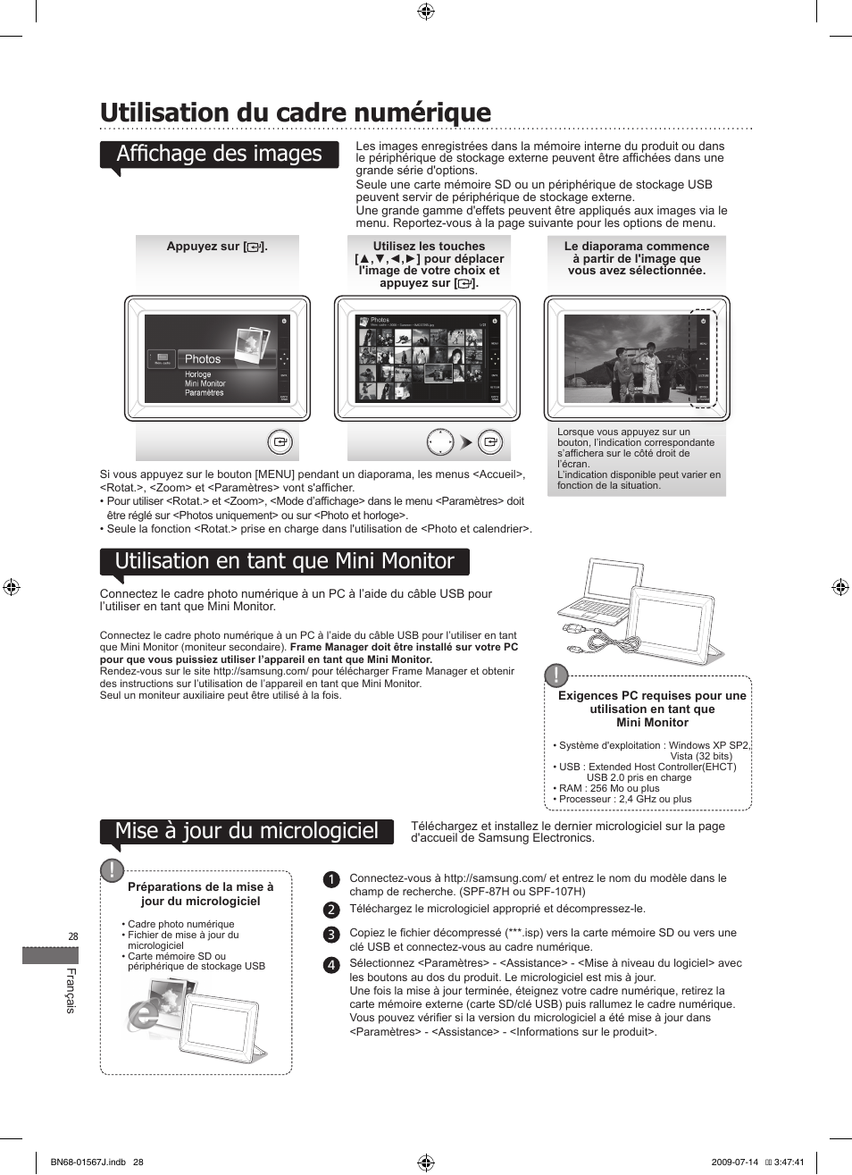 Utilisation du cadre numérique, Utilisation en tant que mini monitor, Mise à jour du micrologiciel | Affi chage des images | Samsung SPF-107H User Manual | Page 28 / 72