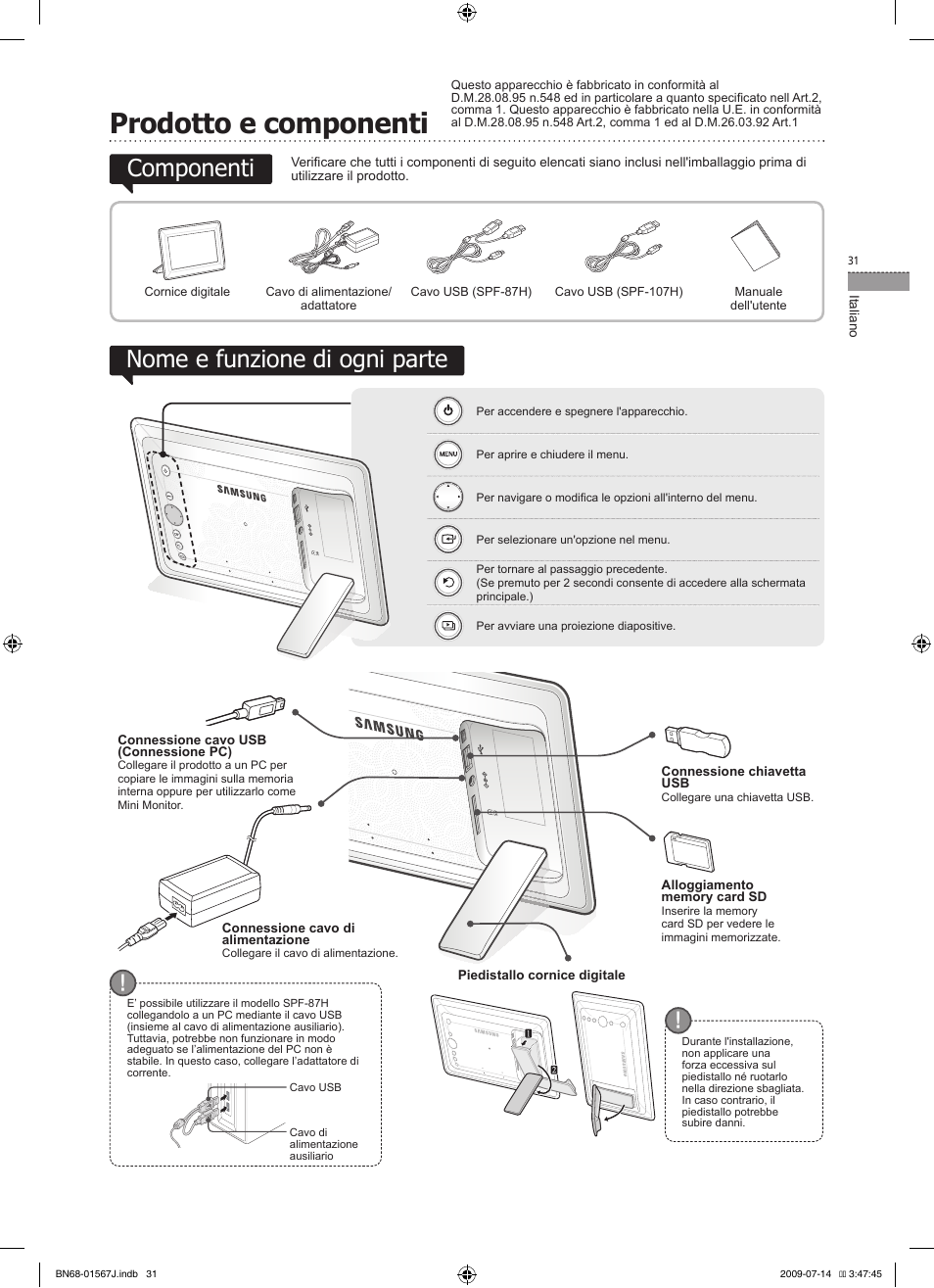 Italiano, Prodotto e componenti, Componenti nome e funzione di ogni parte | Samsung SPF-107H User Manual | Page 31 / 72