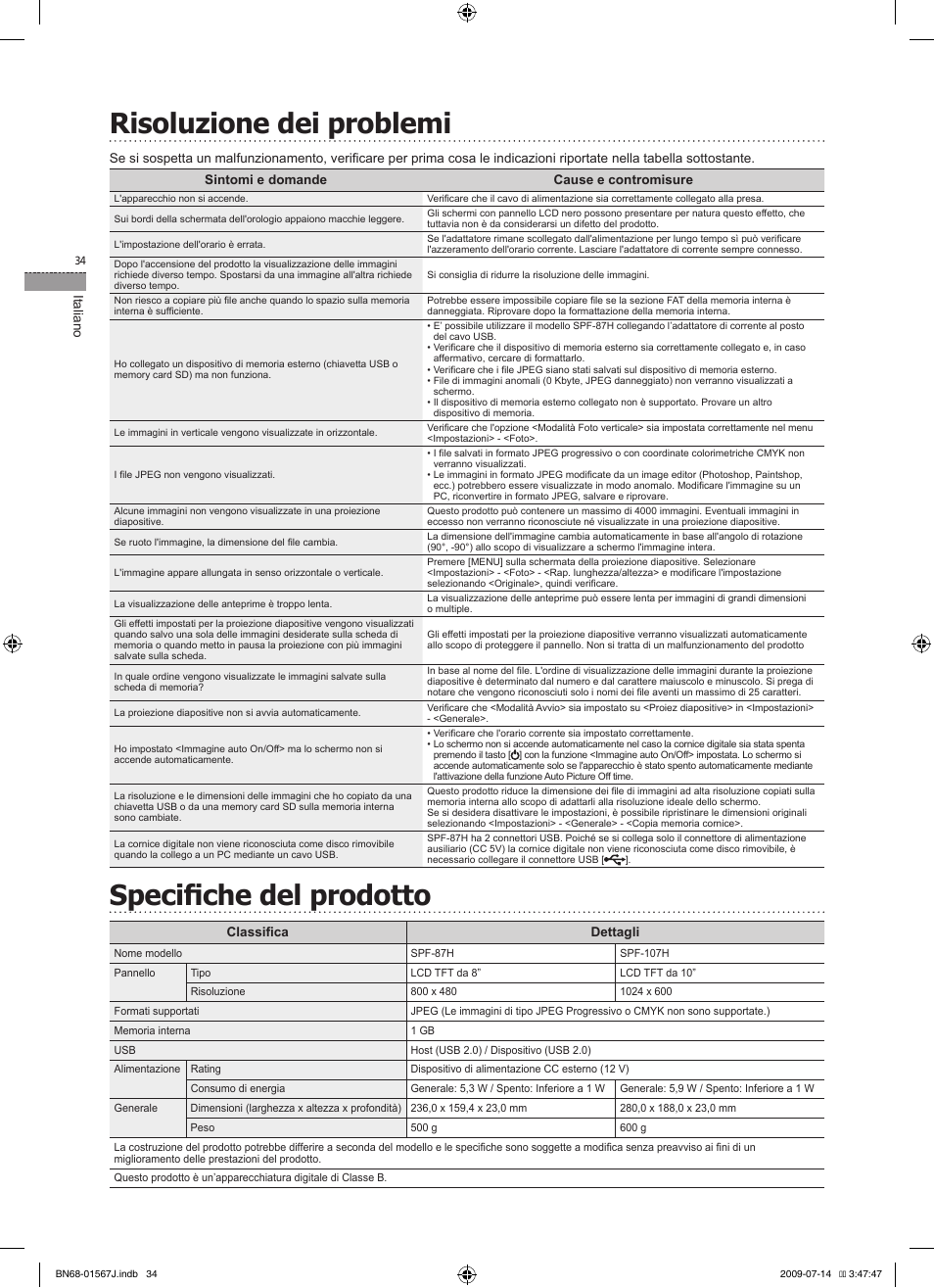 Risoluzione dei problemi, Specifiche del prodotto | Samsung SPF-107H User Manual | Page 34 / 72