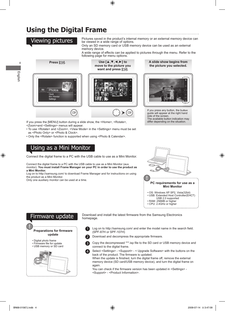 Using the digital frame, Using as a mini monitor, Firmware update | Viewing pictures | Samsung SPF-107H User Manual | Page 4 / 72