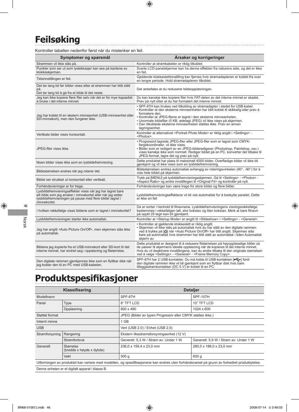 Feilsøking, Produktspesifikasjoner | Samsung SPF-107H User Manual | Page 46 / 72