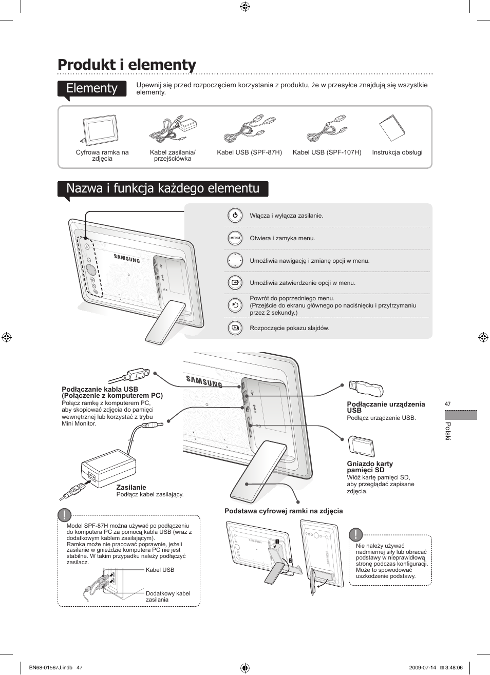 Polski, Produkt i elementy, Elementy nazwa i funkcja każdego elementu | Samsung SPF-107H User Manual | Page 47 / 72