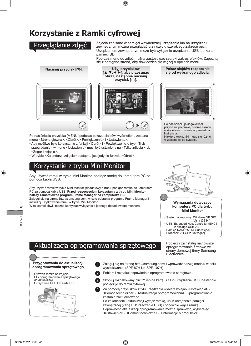 Korzystanie z ramki cyfrowej, Korzystanie z trybu mini monitor, Aktualizacja oprogramowania sprzętowego | Przeglądanie zdjęć | Samsung SPF-107H User Manual | Page 48 / 72