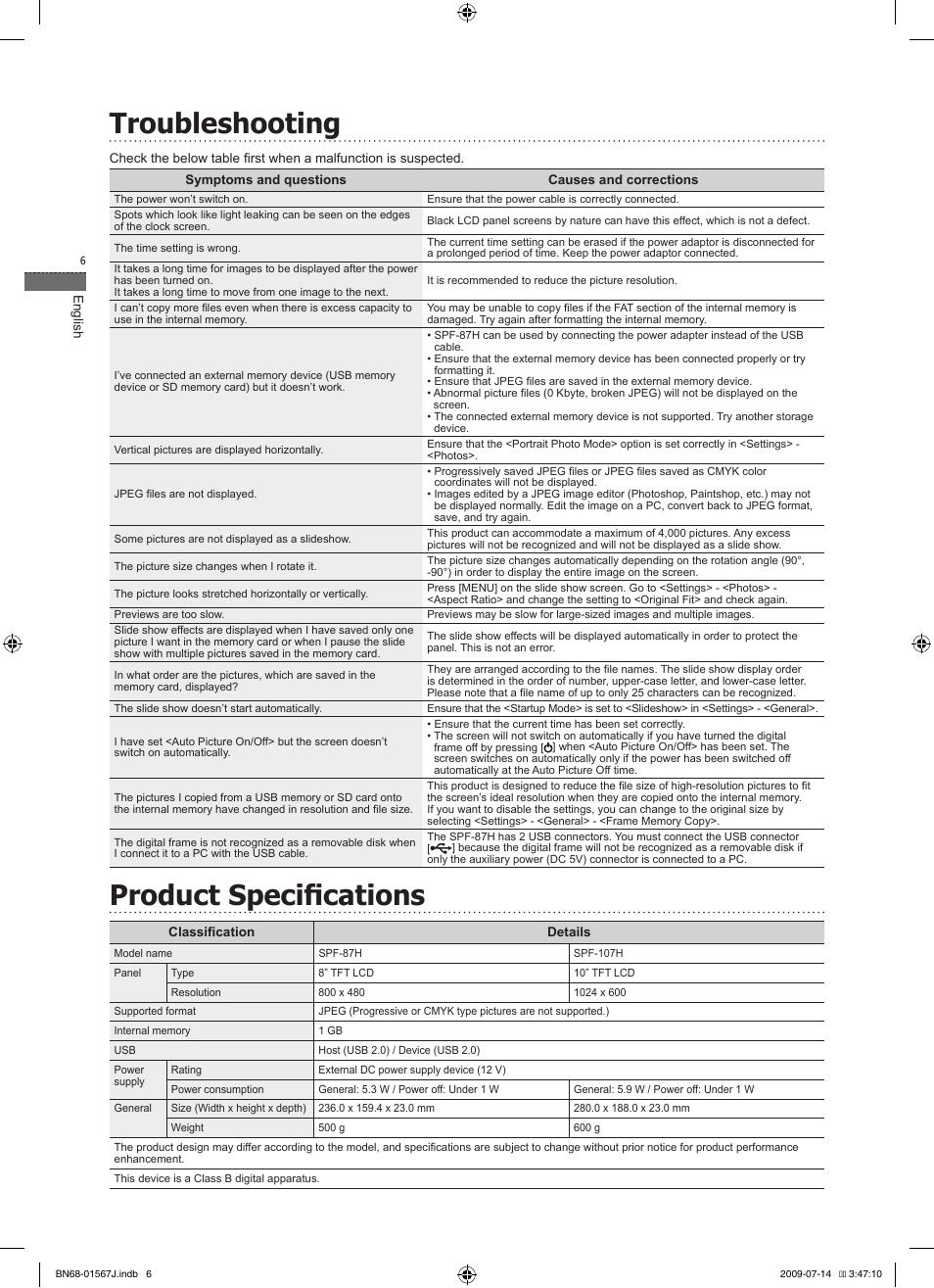 Troubleshooting, Product specifications | Samsung SPF-107H User Manual | Page 6 / 72