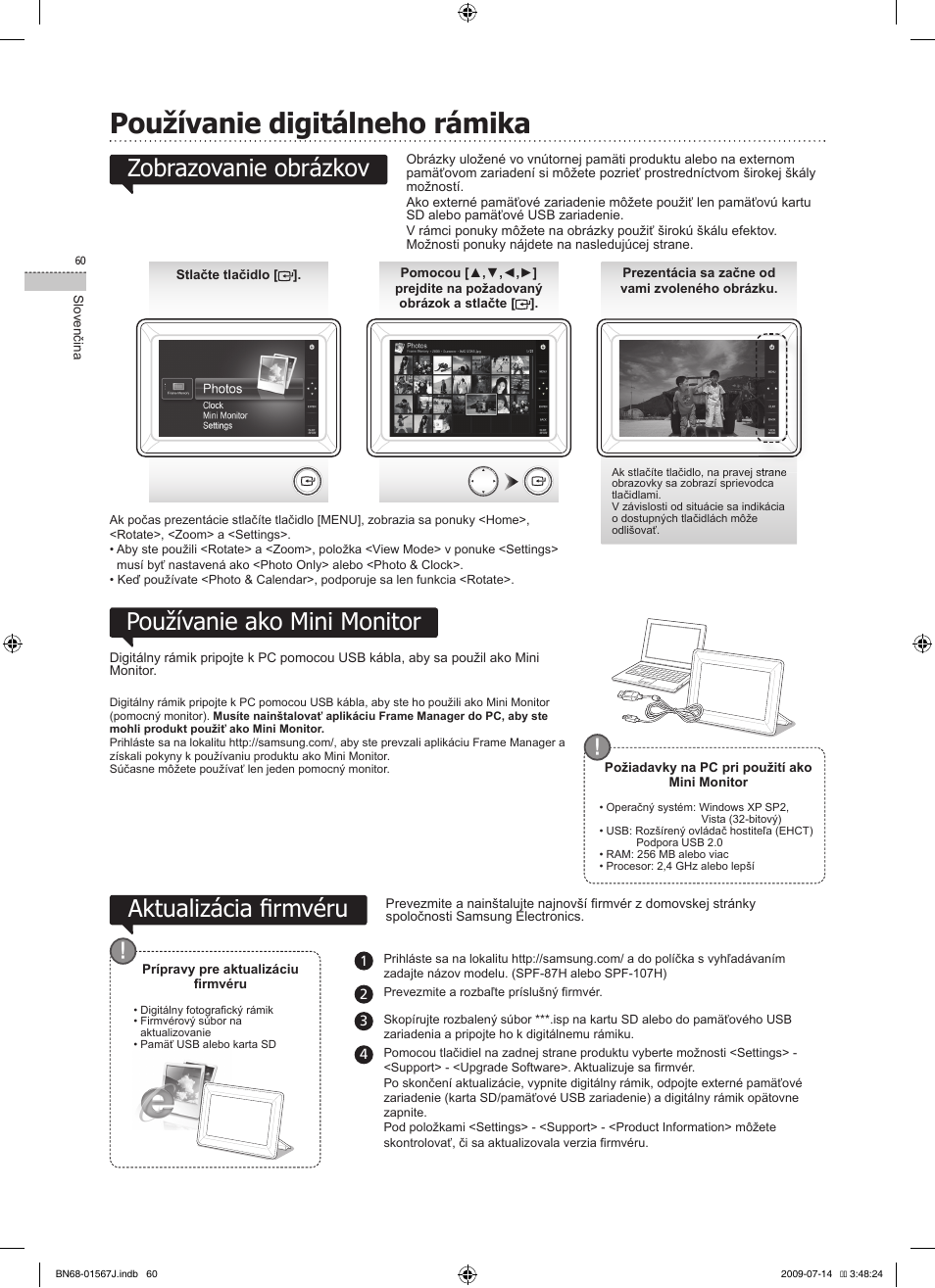 Používanie digitálneho rámika, Používanie ako mini monitor, Aktualizácia fi rmvéru | Zobrazovanie obrázkov | Samsung SPF-107H User Manual | Page 60 / 72