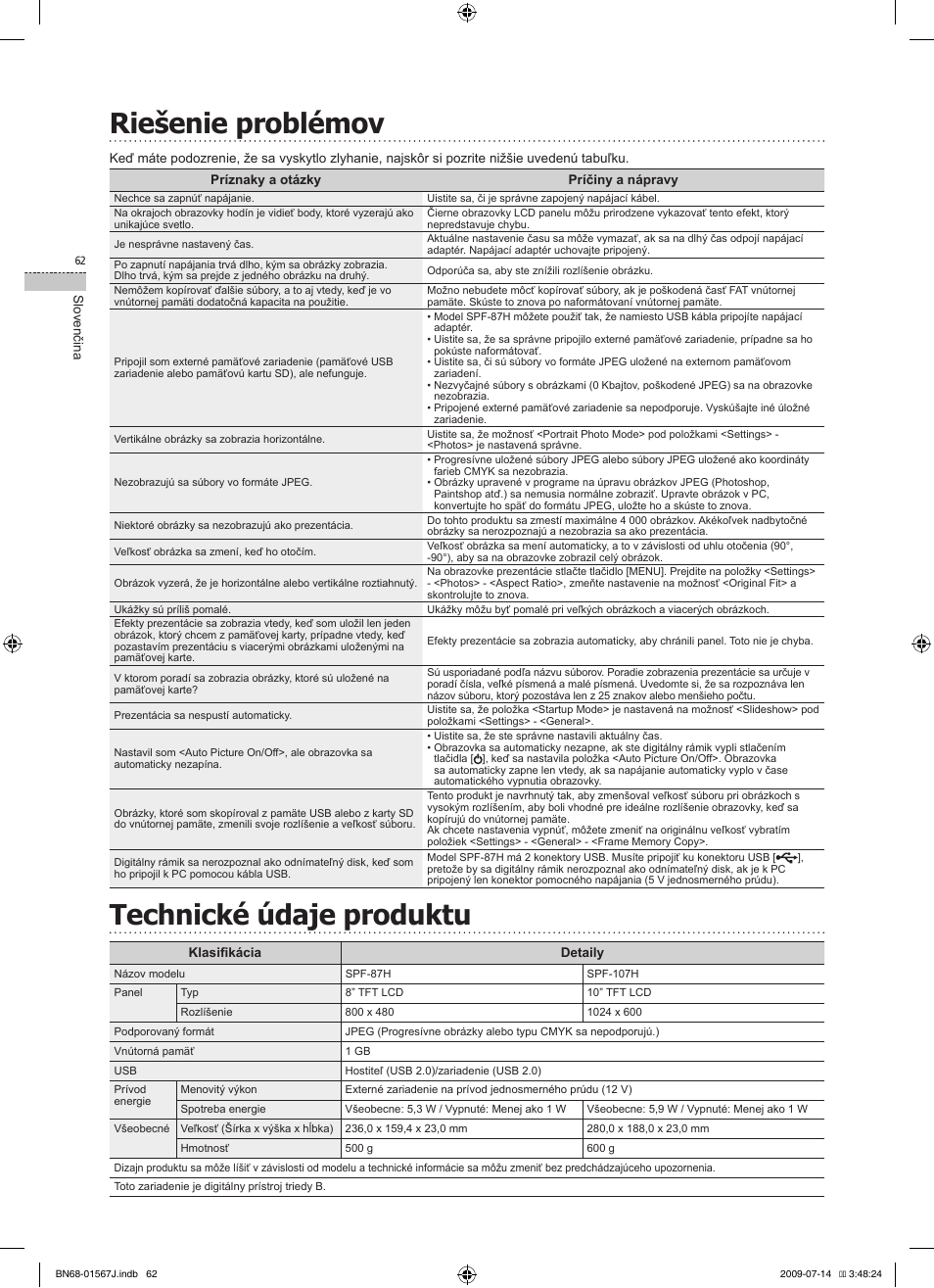 Riešenie problémov, Technické údaje produktu | Samsung SPF-107H User Manual | Page 62 / 72