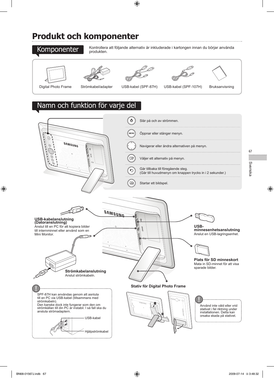 Svenska, Produkt och komponenter, Komponenter namn och funktion för varje del | Samsung SPF-107H User Manual | Page 67 / 72