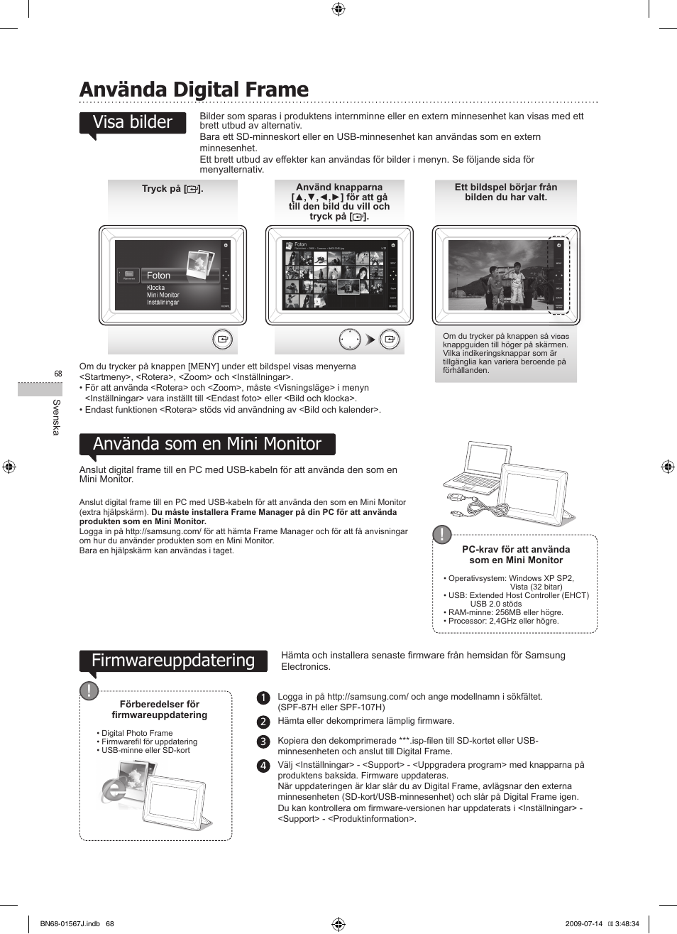 Använda digital frame, Använda som en mini monitor, Firmwareuppdatering | Visa bilder | Samsung SPF-107H User Manual | Page 68 / 72