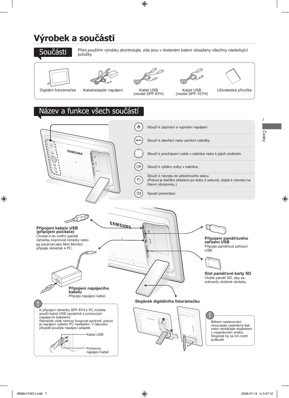 Česky, Výrobek a součásti, Součásti název a funkce všech součástí | Samsung SPF-107H User Manual | Page 7 / 72