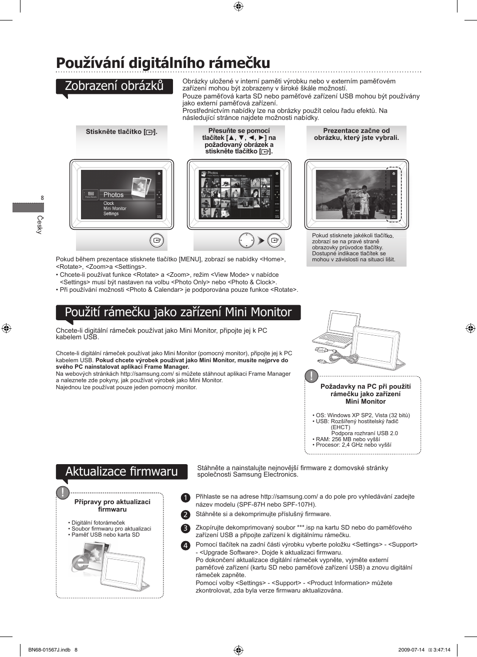 Používání digitálního rámečku, Použití rámečku jako zařízení mini monitor, Aktualizace fi rmwaru | Zobrazení obrázků | Samsung SPF-107H User Manual | Page 8 / 72