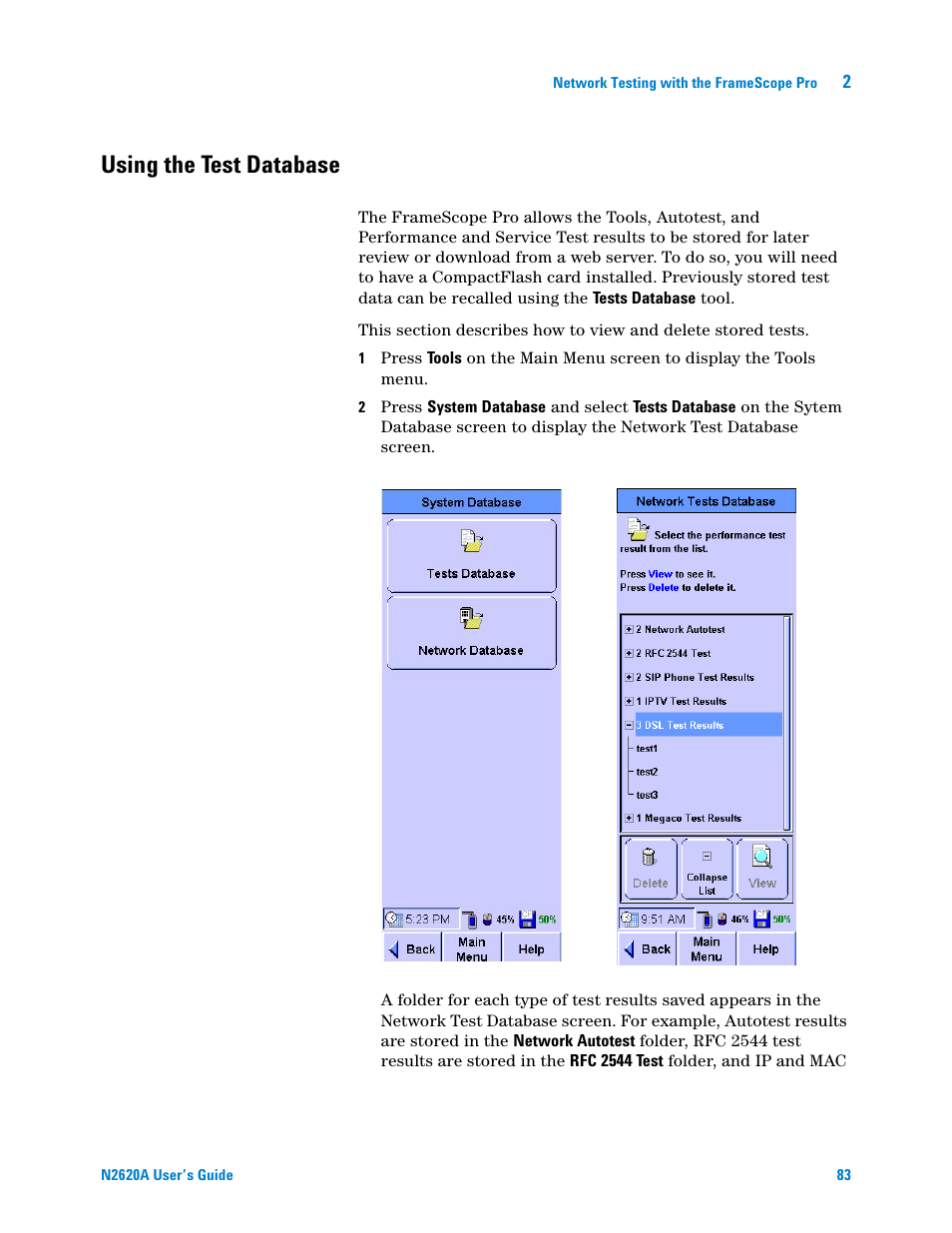 Using the test database | Agilent Technologies N2620A User Manual | Page 101 / 279