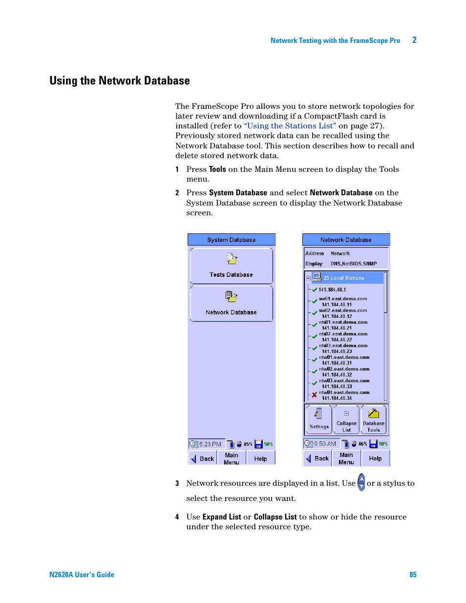 Using the network database | Agilent Technologies N2620A User Manual | Page 103 / 279