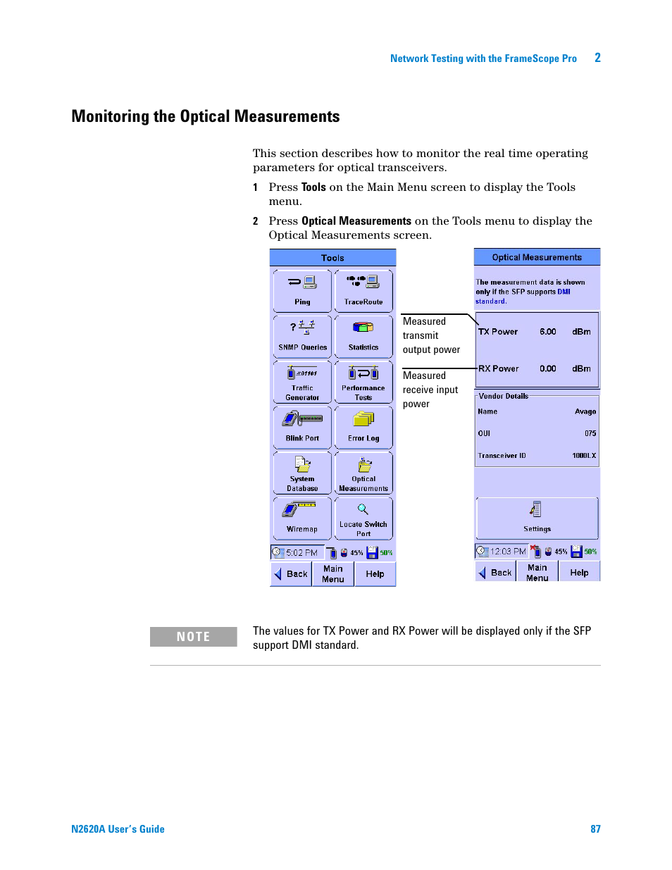 Monitoring the optical measurements | Agilent Technologies N2620A User Manual | Page 105 / 279