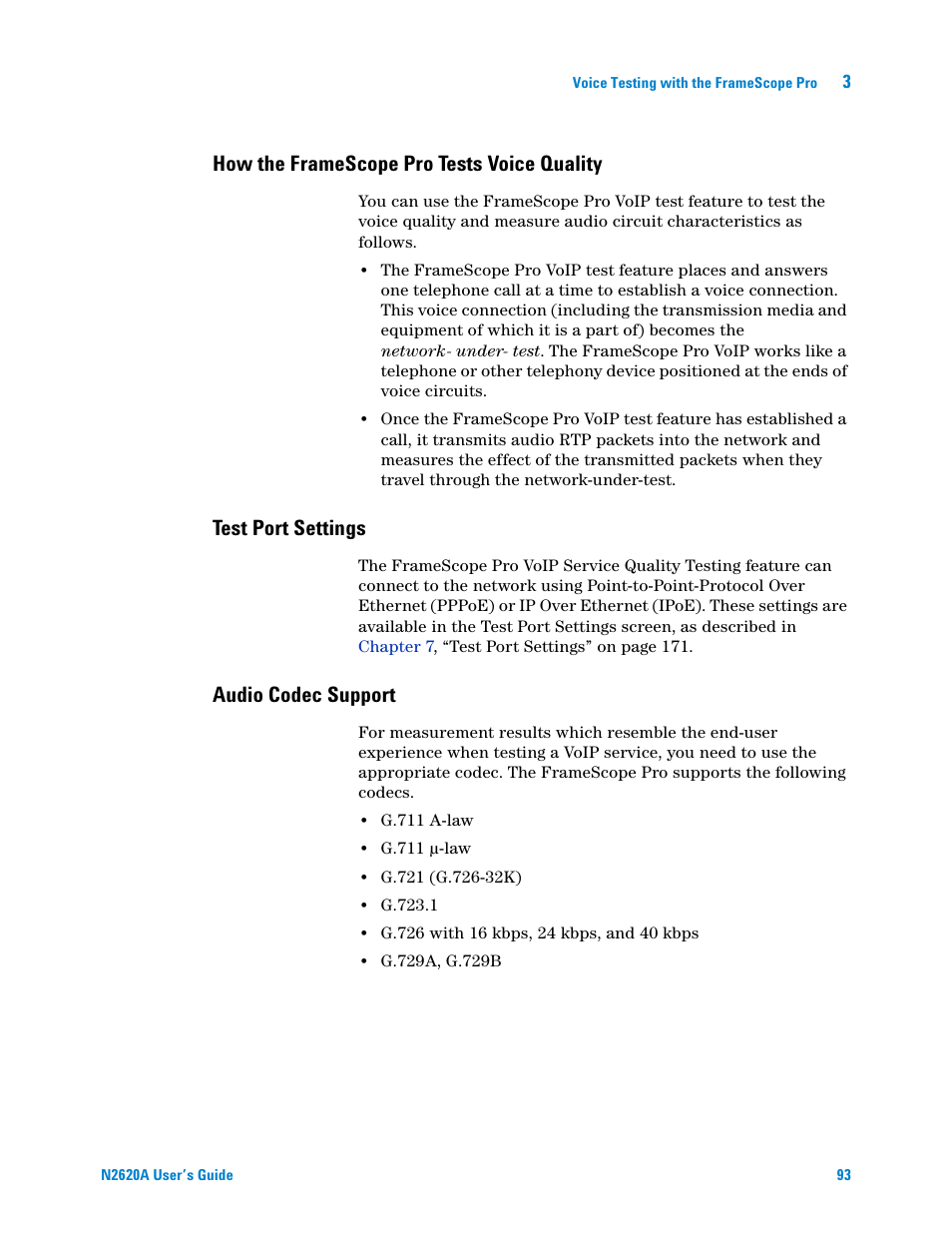 How the framescope pro tests voice quality, Test port settings, Audio codec support | Agilent Technologies N2620A User Manual | Page 111 / 279