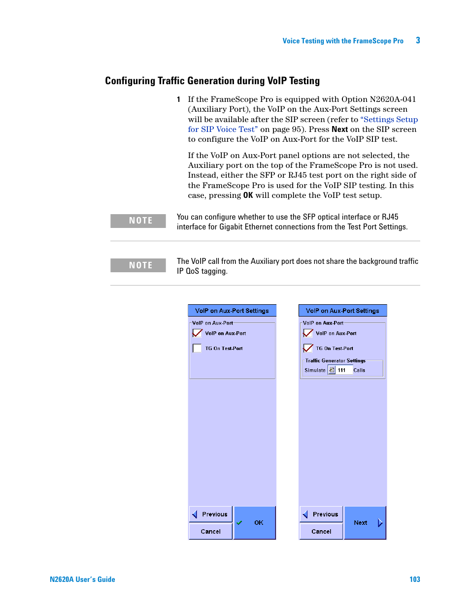 Configuring traffic generation during voip testing | Agilent Technologies N2620A User Manual | Page 121 / 279