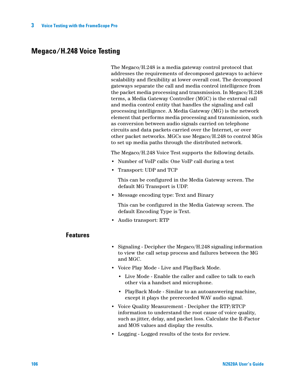 Megaco/h.248 voice testing, Features | Agilent Technologies N2620A User Manual | Page 124 / 279