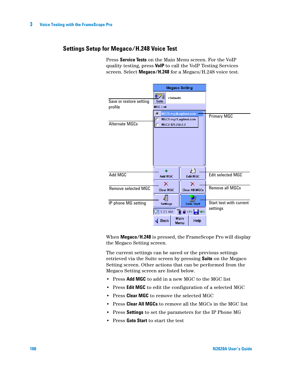 Settings setup for megaco/h.248 voice test | Agilent Technologies N2620A User Manual | Page 126 / 279