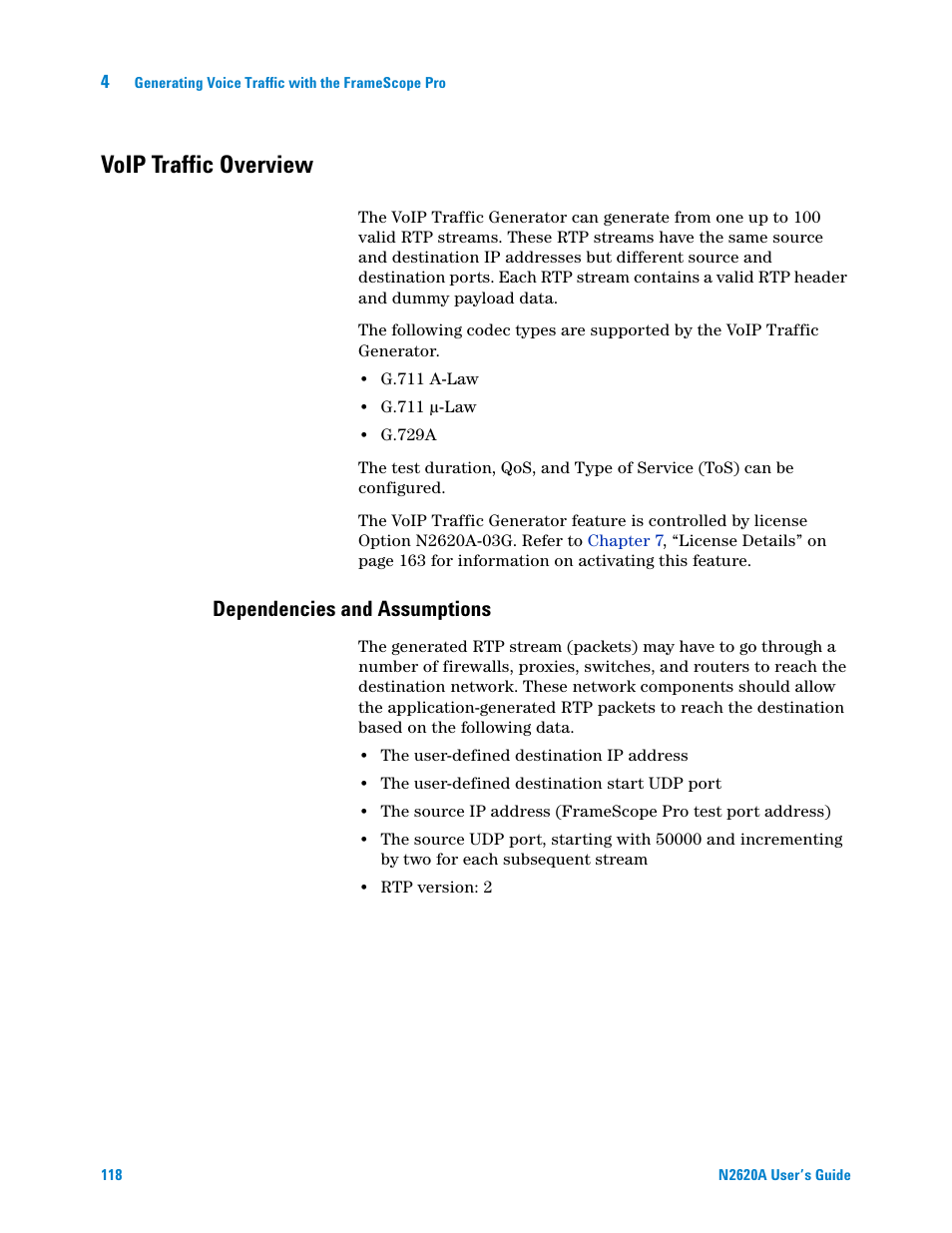 Voip traffic overview, Dependencies and assumptions | Agilent Technologies N2620A User Manual | Page 136 / 279