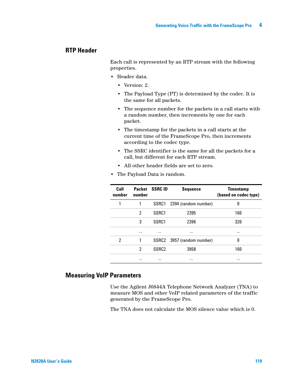 Rtp header, Measuring voip parameters | Agilent Technologies N2620A User Manual | Page 137 / 279