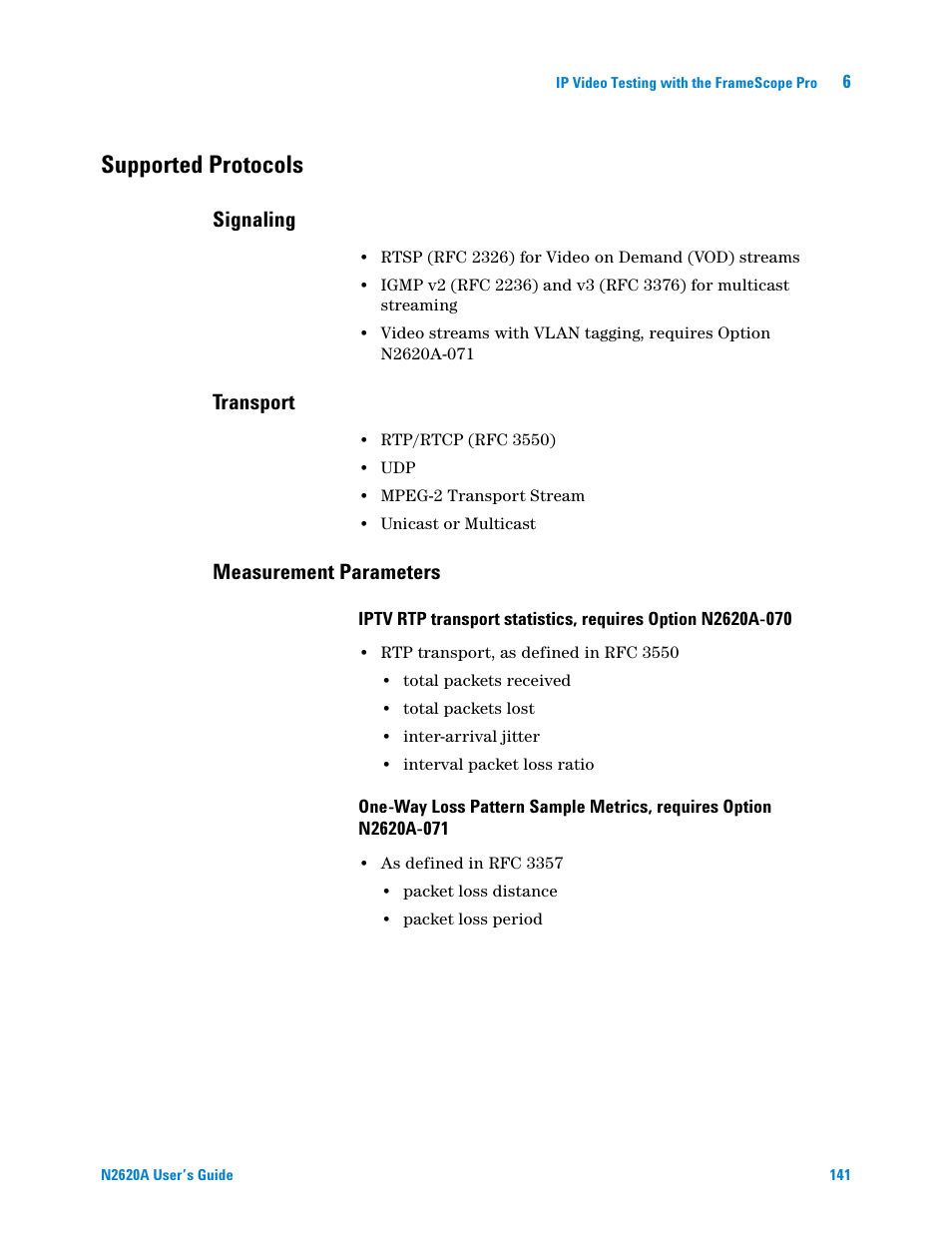 Supported protocols, Signaling, Transport | Measurement parameters | Agilent Technologies N2620A User Manual | Page 159 / 279