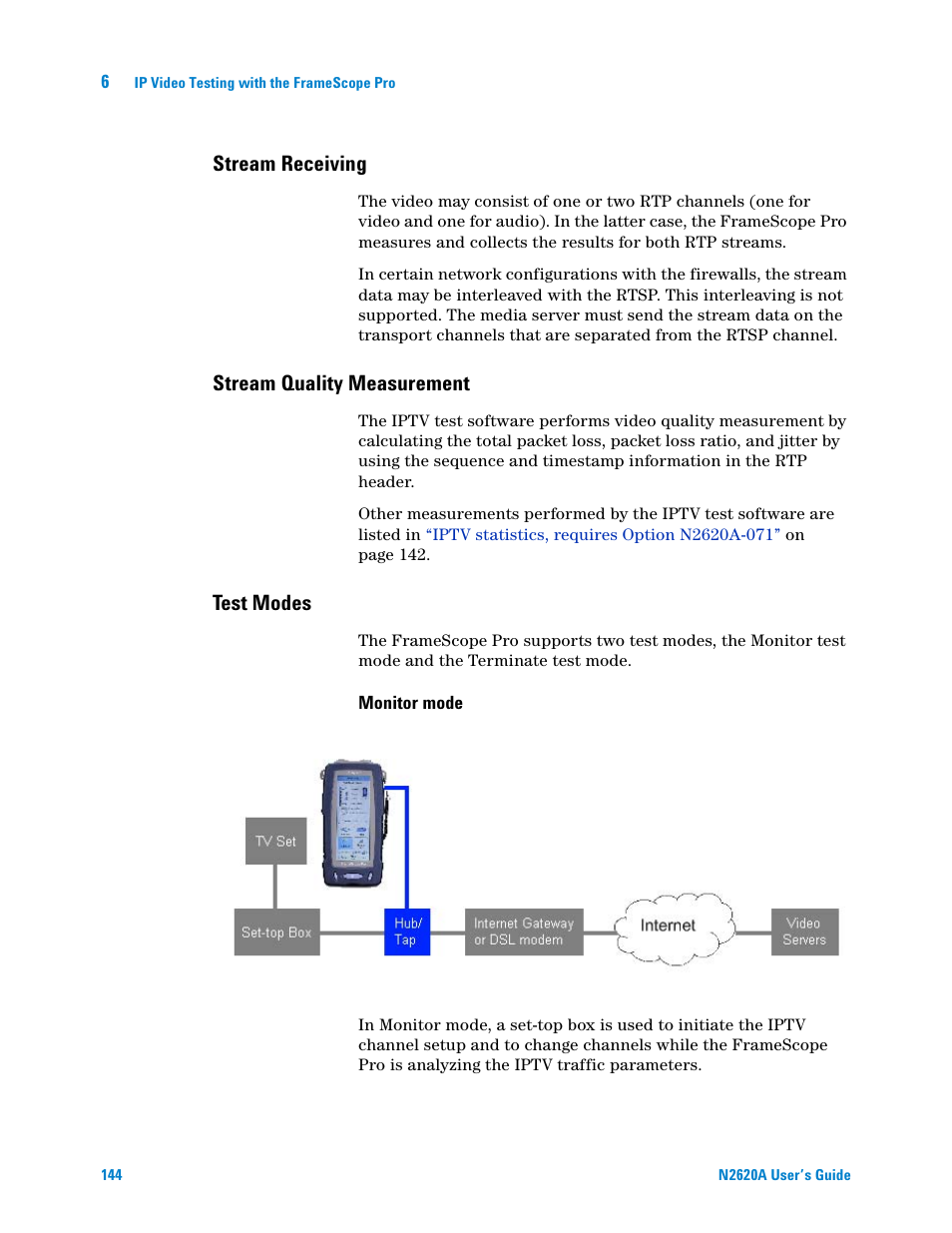 Stream receiving, Stream quality measurement, Test modes | Agilent Technologies N2620A User Manual | Page 162 / 279